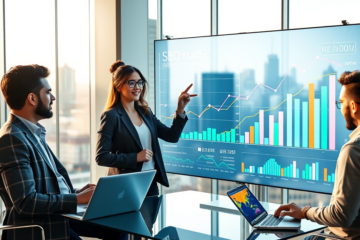 Diverse marketing team analyzing detailed SEO traffic growth and higher eCPM revenue charts on a touchscreen in modern office