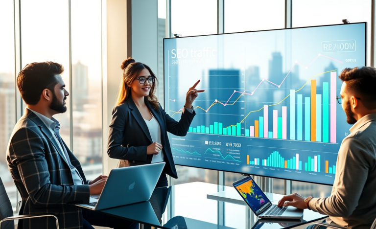 Diverse marketing team analyzing detailed SEO traffic growth and higher eCPM revenue charts on a touchscreen in modern office