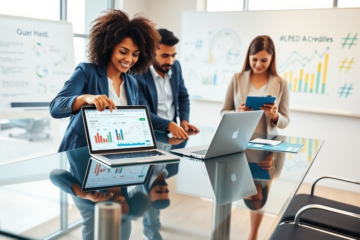 Three professionals collaborating over digital devices in a modern office, showcasing social media promotion service for business growth