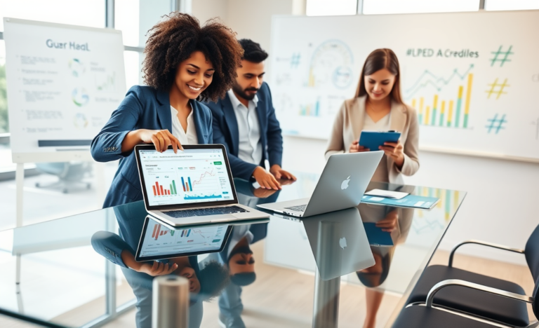 Three professionals collaborating over digital devices in a modern office, showcasing social media promotion service for business growth