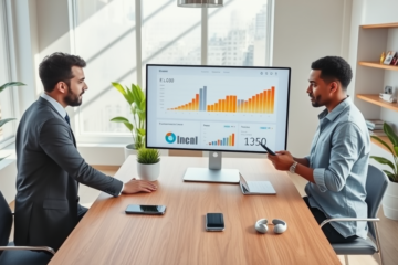 Two marketing professionals analyze SEO and eCPM data on a computer screen in a bright modern office to boost customer acquisition
