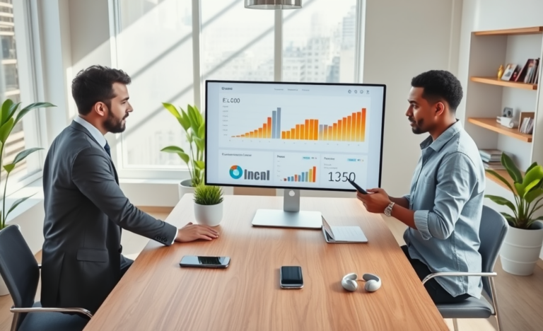 Two marketing professionals analyze SEO and eCPM data on a computer screen in a bright modern office to boost customer acquisition