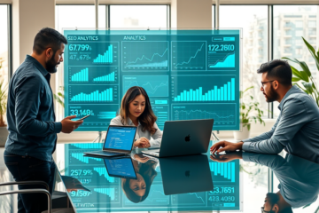 Diverse digital marketing team analyzing SEO results and eCPM metrics on a large transparent digital screen in a modern office
