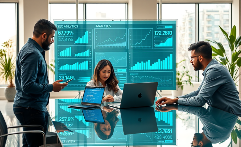 Diverse digital marketing team analyzing SEO results and eCPM metrics on a large transparent digital screen in a modern office