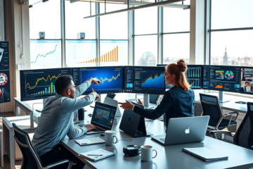 Modern digital marketing office with two professionals analyzing high eCPM ad strategy on multiple screens displaying revenue and ad placement data