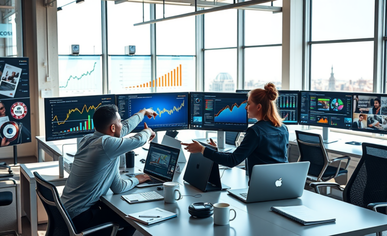 Modern digital marketing office with two professionals analyzing high eCPM ad strategy on multiple screens displaying revenue and ad placement data