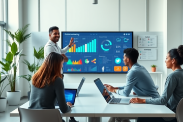 Diverse young adult instructor teaching a photorealistic digital marketing course with students and digital analytics on screen in bright modern classroom