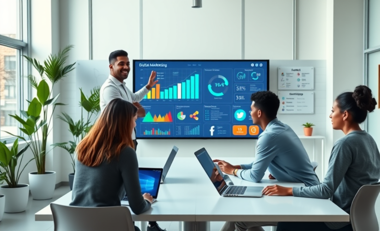 Diverse young adult instructor teaching a photorealistic digital marketing course with students and digital analytics on screen in bright modern classroom