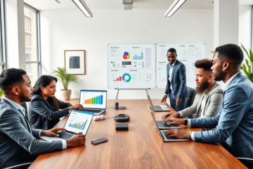 Professional team collaborating in modern office on digital marketing strategy services to enhance SEO and boost eCPM using technology and charts