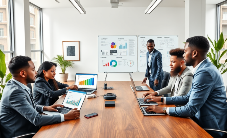 Professional team collaborating in modern office on digital marketing strategy services to enhance SEO and boost eCPM using technology and charts