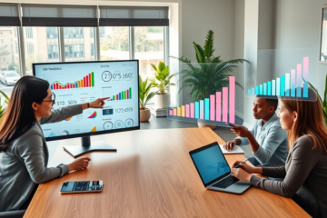 Digital marketing team collaborating in a modern office with SEO analytics and eCPM charts displayed on screens, focused on improving digital strategies