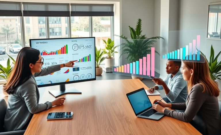 Digital marketing team collaborating in a modern office with SEO analytics and eCPM charts displayed on screens, focused on improving digital strategies