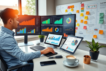 Professional digital marketer working at a dual-monitor desk displaying SEO growth and eCPM analytics in a bright modern office