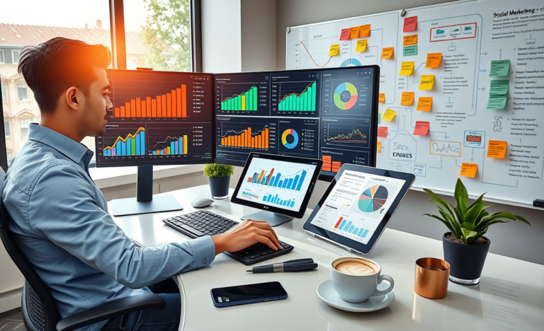 Professional digital marketer working at a dual-monitor desk displaying SEO growth and eCPM analytics in a bright modern office